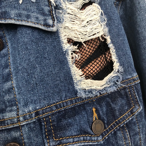 BOOM BOOM JEANS Womens Large Denim Jean Jacket Fishnet Cutouts Destroyed NWOT - Picture 6 of 14